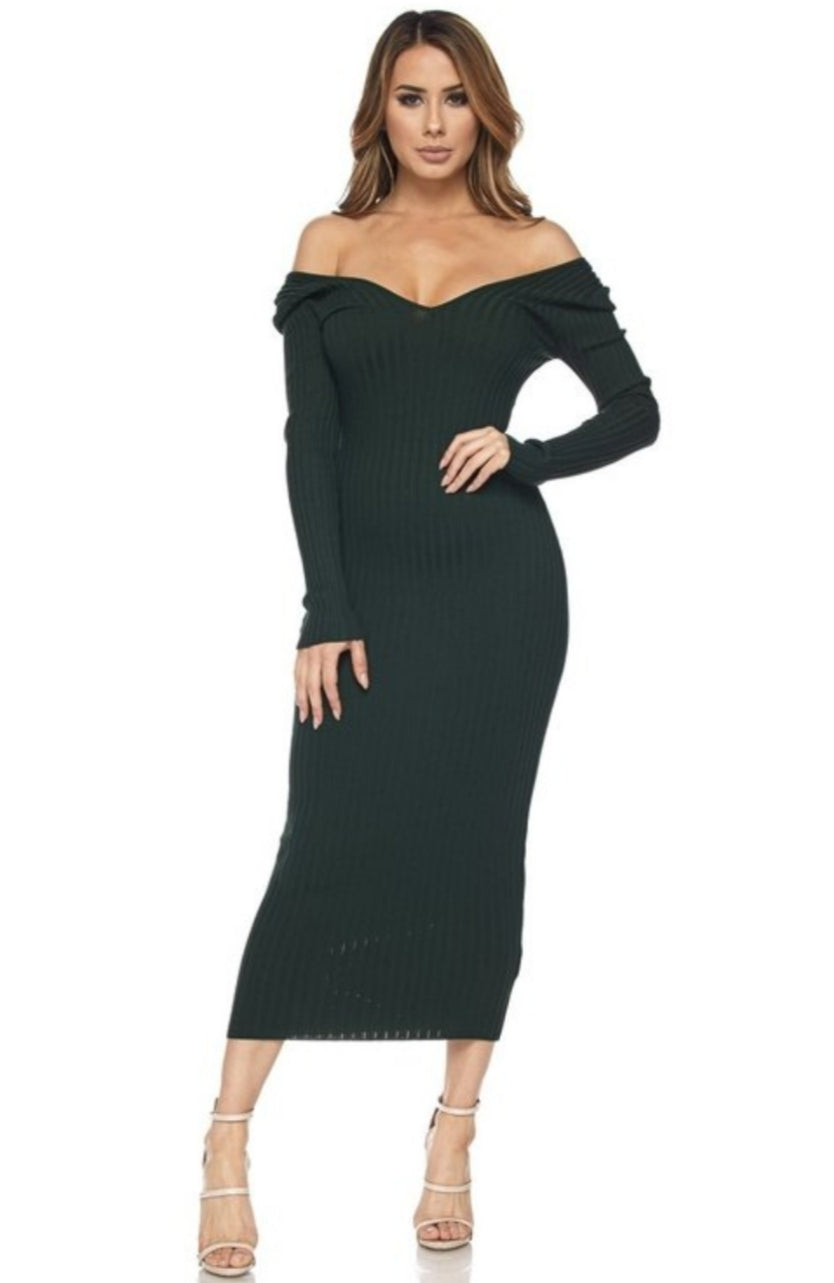 NAOMI RIBBED OFF SHOULDER DRESS