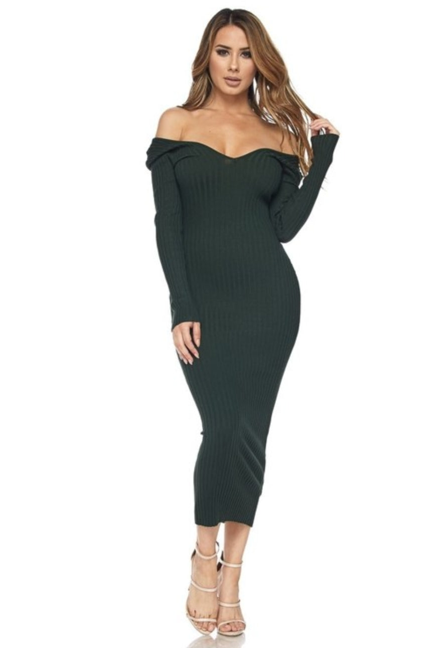 NAOMI RIBBED OFF SHOULDER DRESS