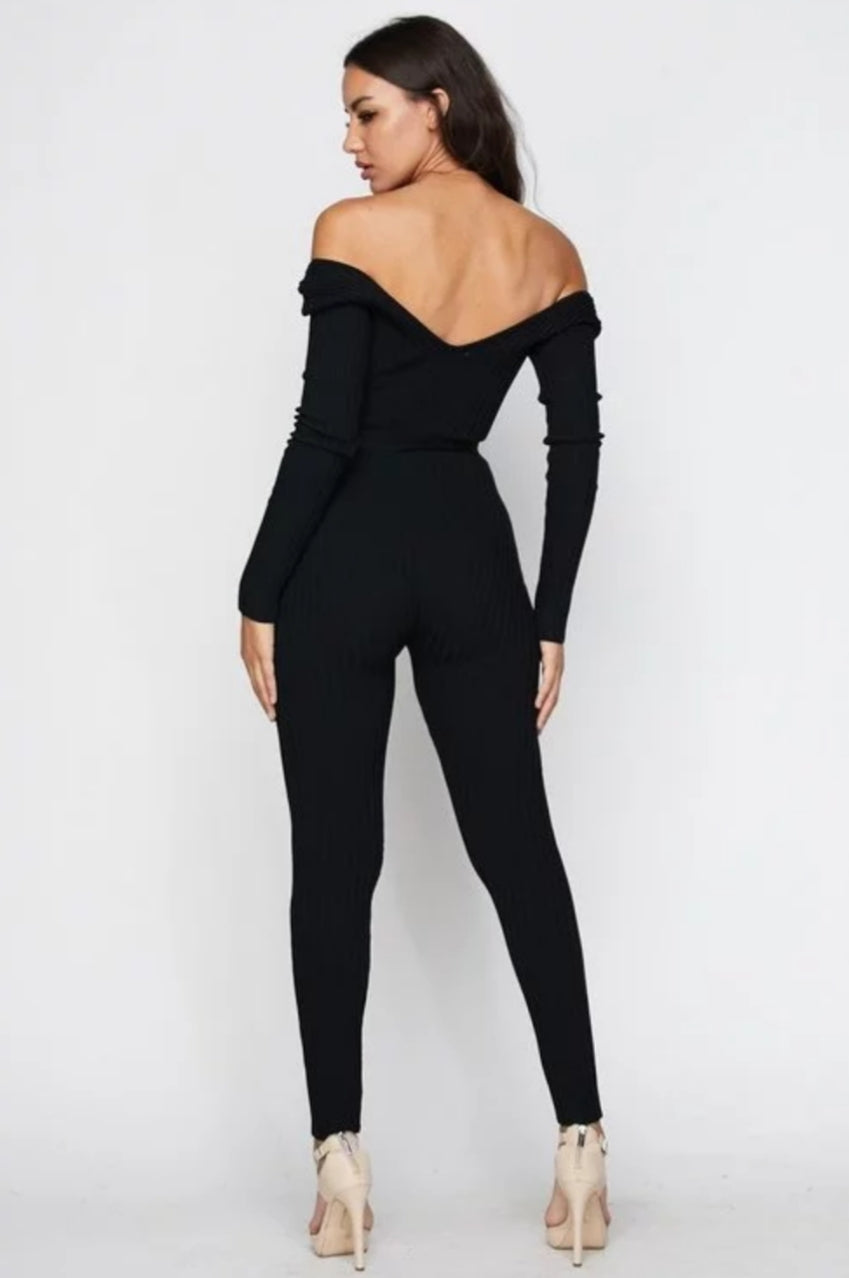 NAOMI RIBBED OFF SHOULDER JUMPSUIT