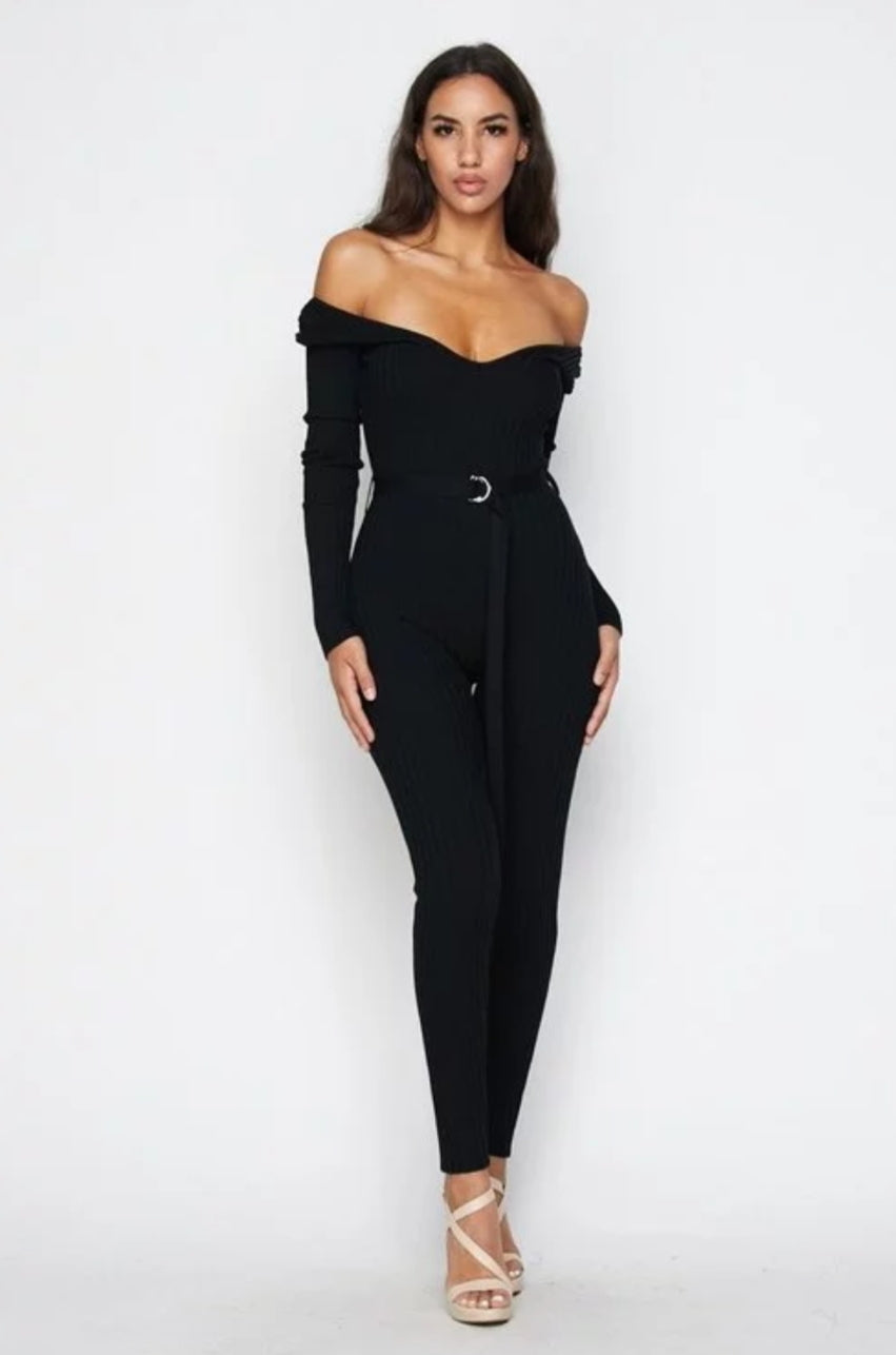 NAOMI RIBBED OFF SHOULDER JUMPSUIT