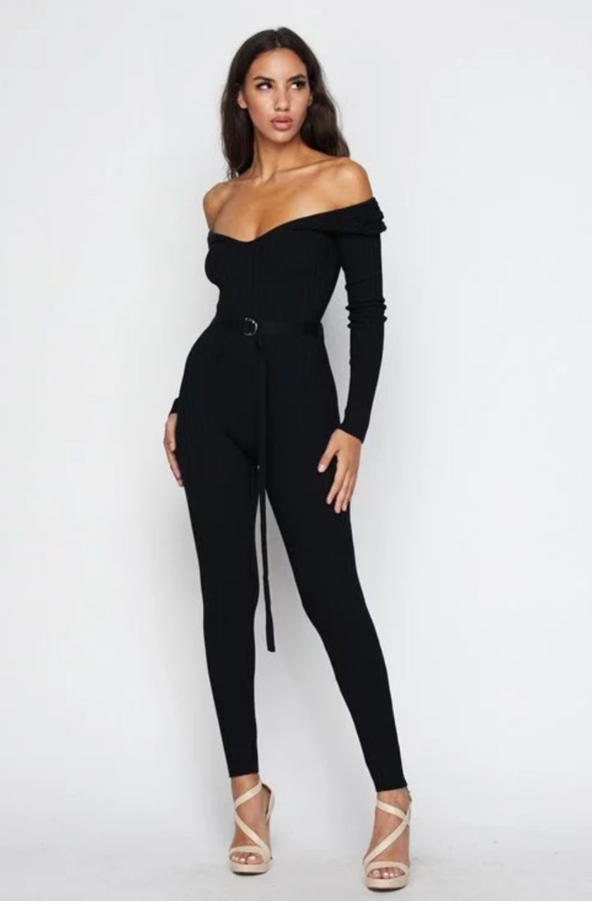 NAOMI RIBBED OFF SHOULDER JUMPSUIT