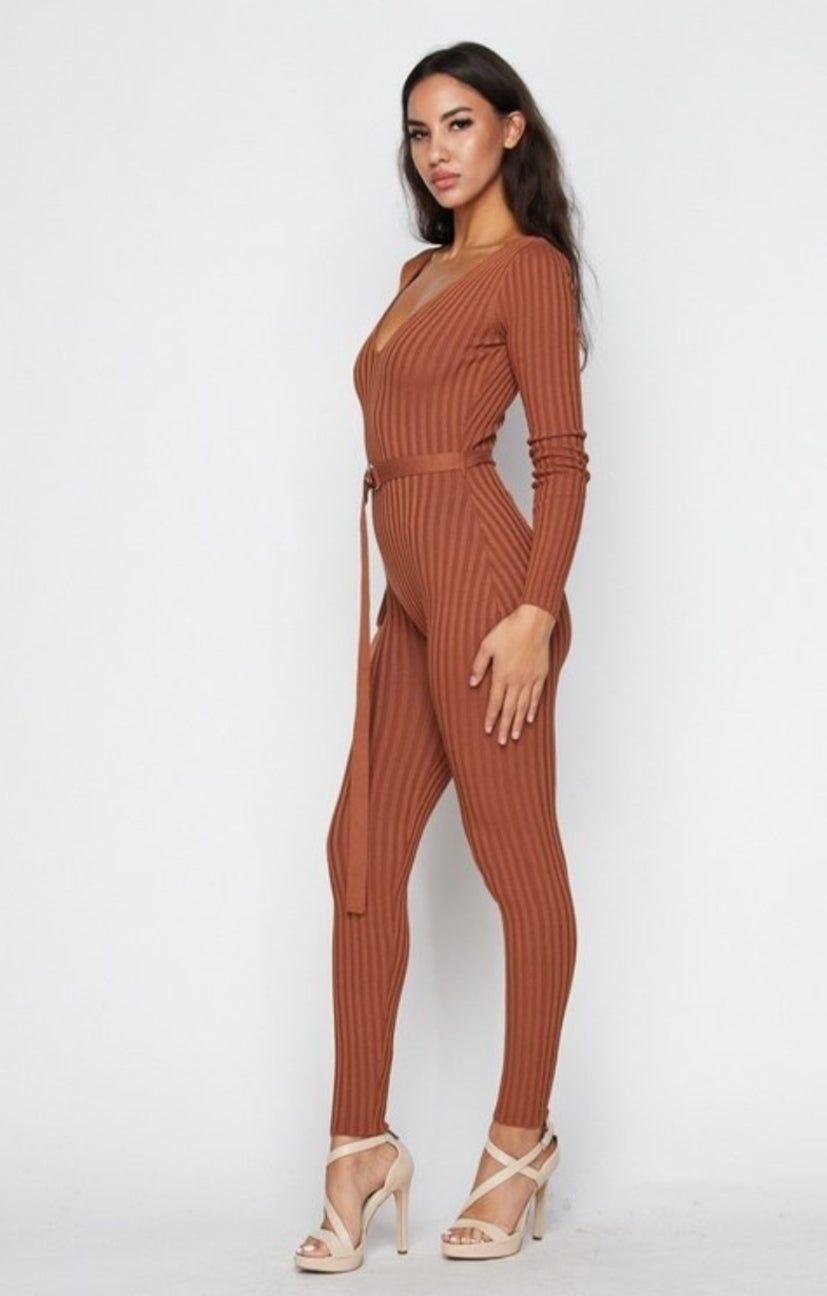 NAOMI RIBBED OFF SHOULDER JUMPSUIT