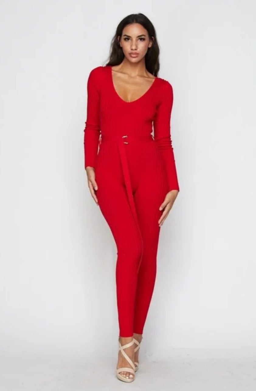 NAOMI RIBBED OFF SHOULDER JUMPSUIT